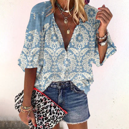 Penny | Women's Boho Print Blouse V-Neck Long Sleeve Button Down – Boho, V-Neck